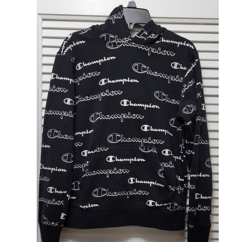 Champion Kids All Over Script Logo Hoodie Black White Pullover Sweatshirt L
